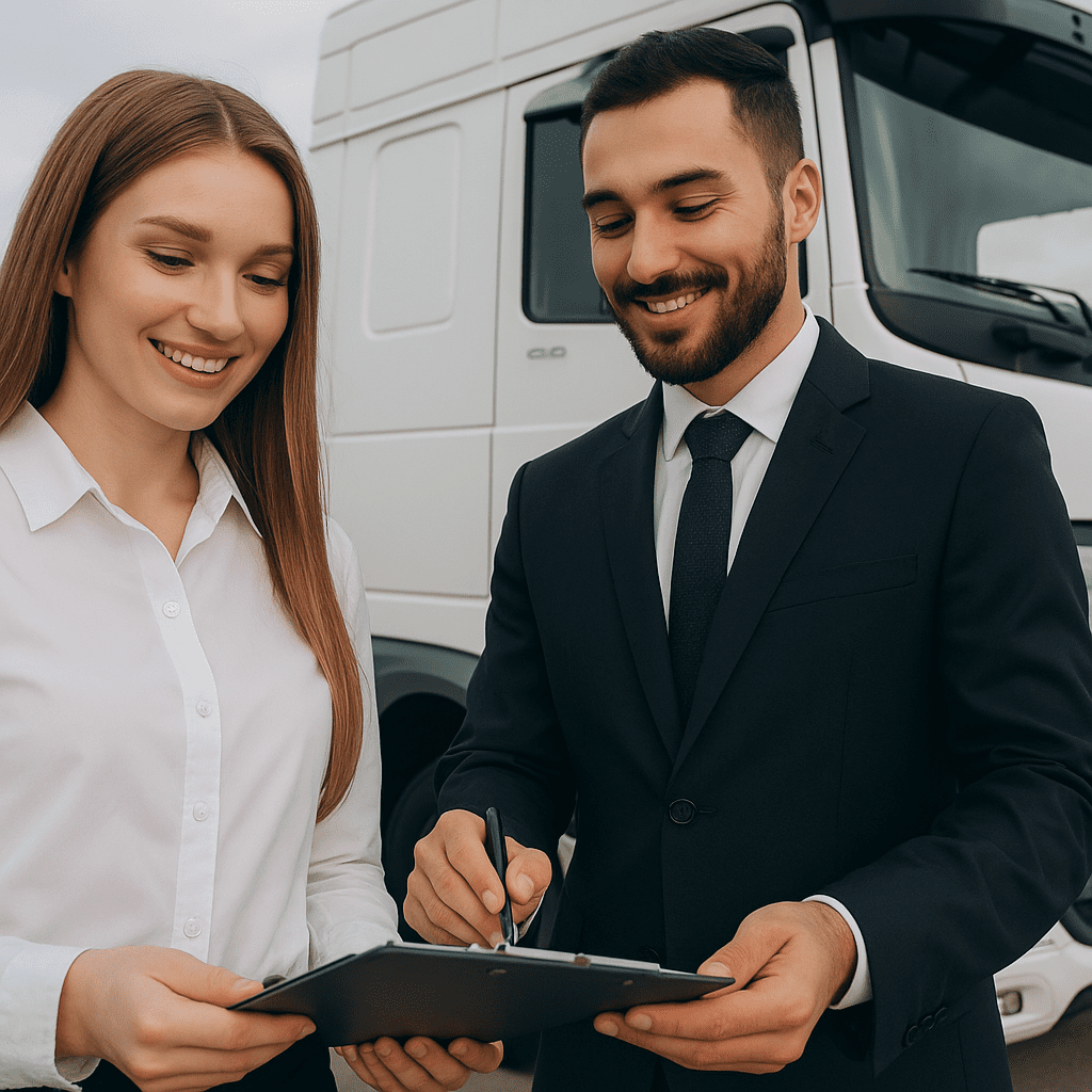 Firmando papeles de compra de camión